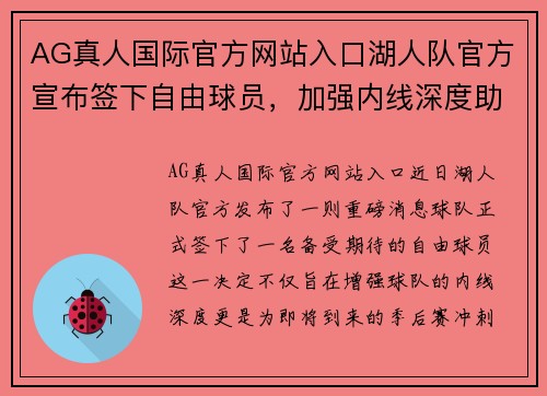 AG真人国际官方网站入口湖人队官方宣布签下自由球员，加强内线深度助力季后赛冲刺